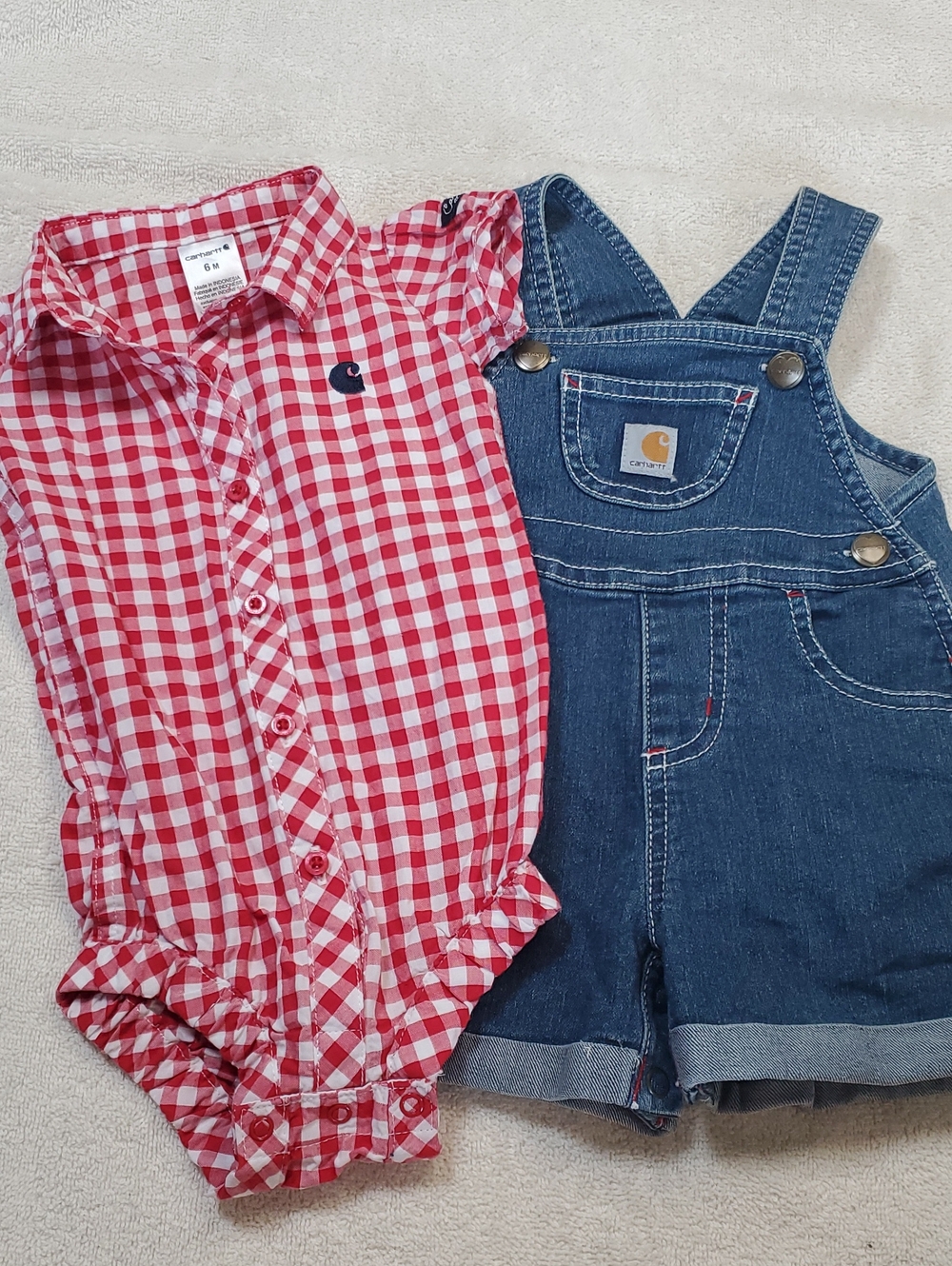 Carhartt Red Gingham Button Romper and Blue Denim Short Overalls Set.     6Month